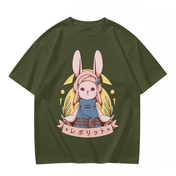 Olive T-shirt with Cute Rabbit Character and Japanese Text Print