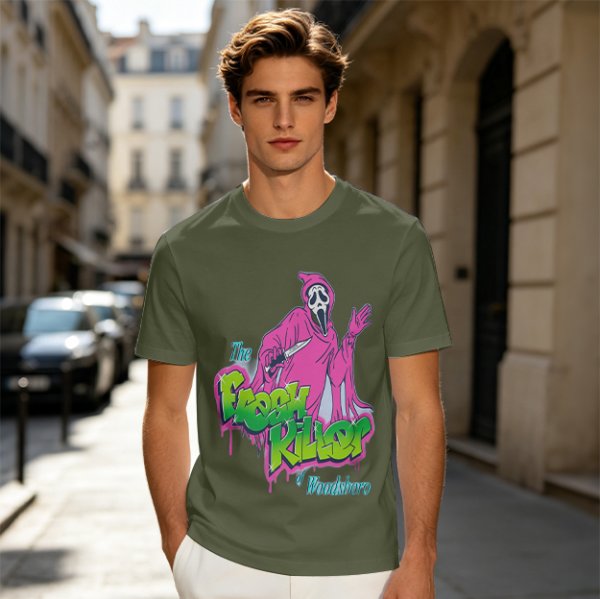 Olive T-Shirt with Neon Pink Ghostface 'The Fresh Killer' Print