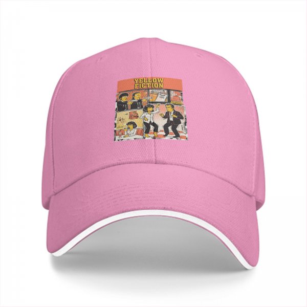 Black baseball cap with Yellow Fiction Simpson-style dance graphic