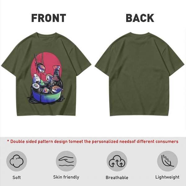 Olive T-Shirt With Anxious Sushi Characters In Soy Sauce Bowl Print