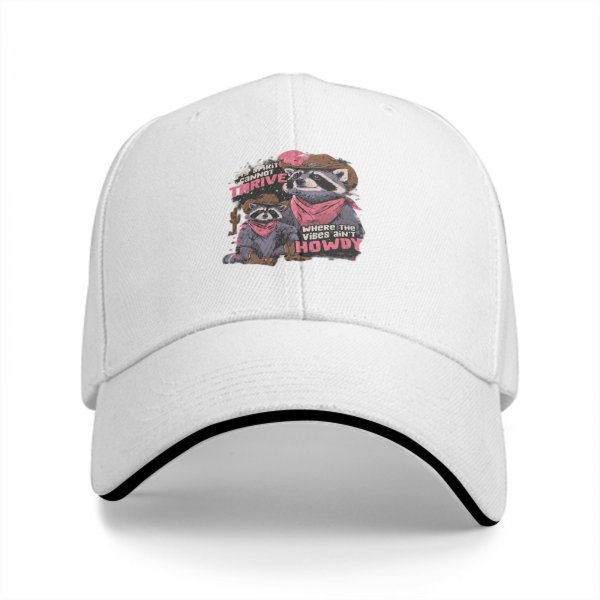 Black baseball cap with cowboy raccoon graphic and 'where the vibes ain't howdy' text