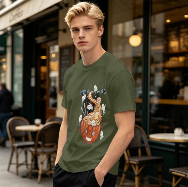 Olive green t-shirt with pumpkin ramen and ghost graphic print