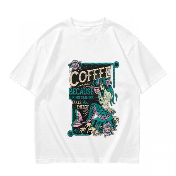 Olive t-shirt with mermaid coffee print 'Coffee Because Luring Sailors Takes Energy'