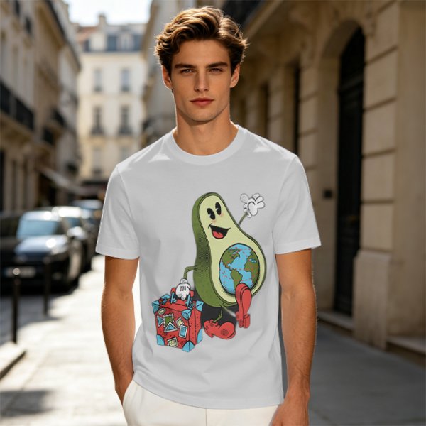 Olive T-Shirt with Cartoon Avocado Globe Travel Print