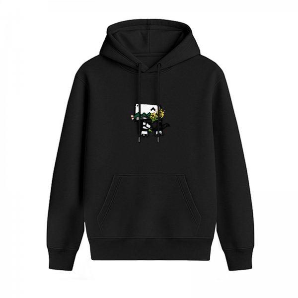 Black hoodie with cute block character holding yellow flowers graphic