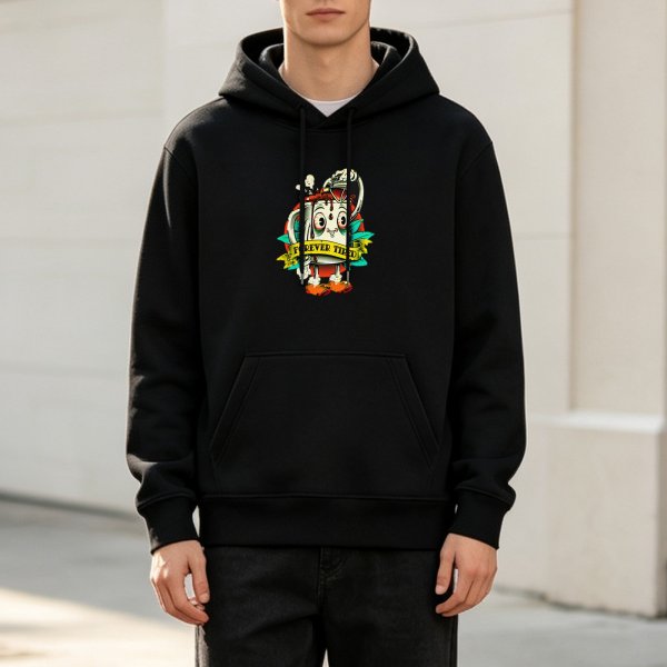 Black Hoodie With Cartoon Coffee Mug Graphic Design