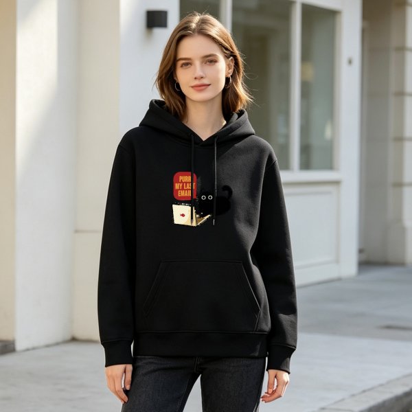 Black cat on laptop hoodie with 'Purr My Last Email' print