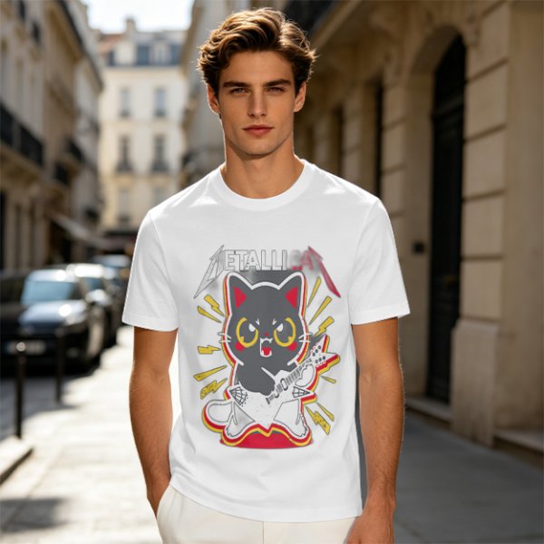 Olive green graphic t-shirt with a cartoon metal cat playing guitar