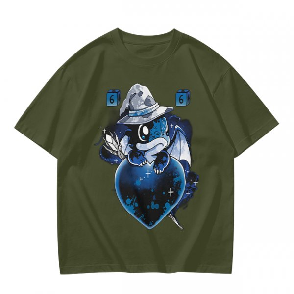 Olive T-Shirt With Cute Wizard Dragon On Starry Heart Print
