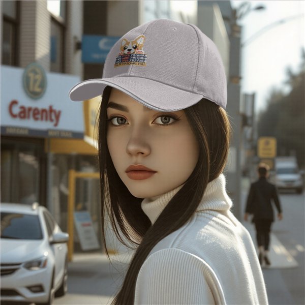 Black baseball cap with corgi dog and 'I'll Be Watching You' snack quote