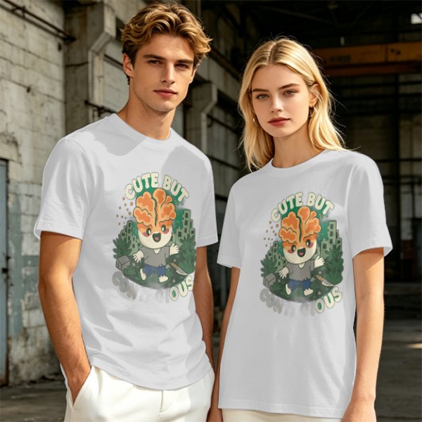 Olive t-shirt with cute brain character and 'Cute But Ous' print