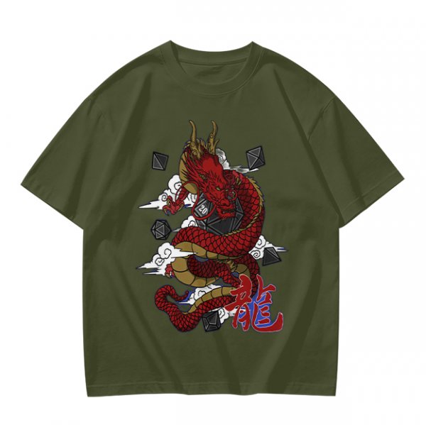 Olive T-shirt with Red Chinese Dragon and Cloud Graphic Print