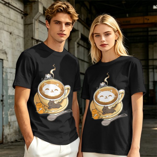 Olive Green T-Shirt With Cute Cat Latte Art And Kittens Print