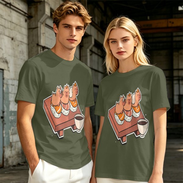 Olive green t-shirt with capybara sushi print design
