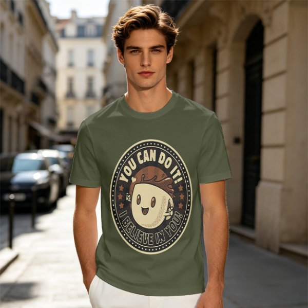 Olive green t-shirt with encouraging coffee character graphic and motivational text