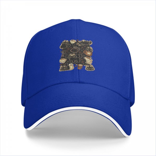 Black Baseball Cap With Cute Cats And Coffee Themed Print