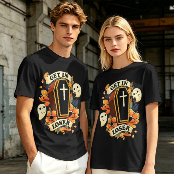 Olive Halloween T-Shirt with Get In Loser Coffin Ghost Floral Art