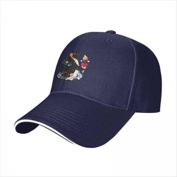 Black Baseball Cap With Cosmic Penguin Holding Ice Cream Print