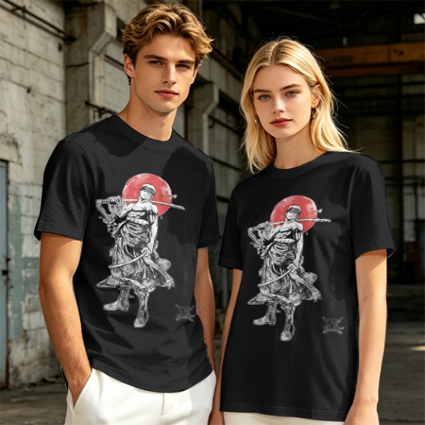 Olive T-shirt with Samurai Swordsman and Red Sun Print