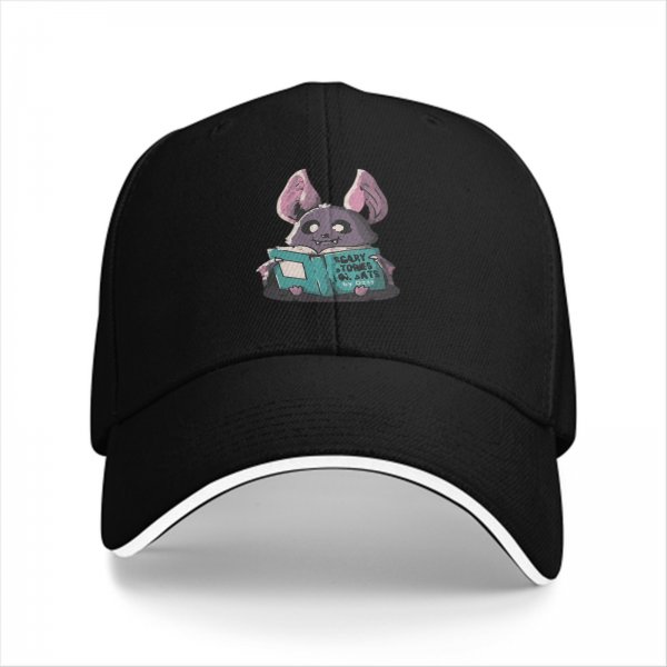 Black baseball cap with cute bat reading scary stories book print