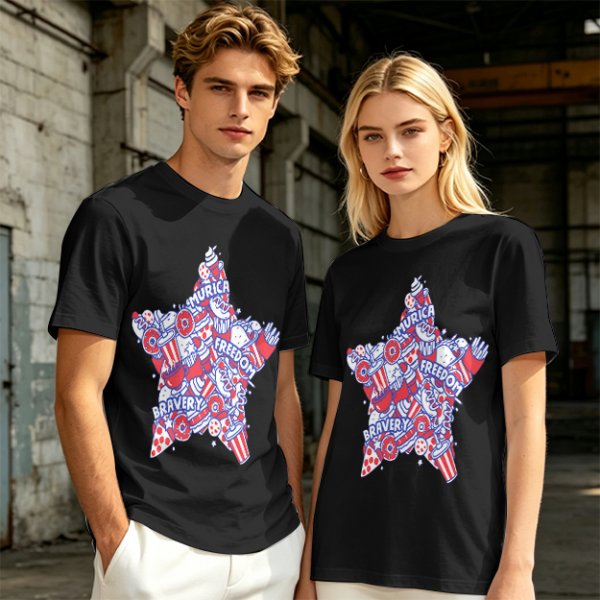 Olive T-Shirt With Patriotic Star Fast Food Print