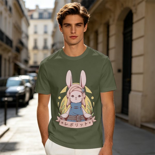 Olive T-shirt with Cute Rabbit Character and Japanese Text Print