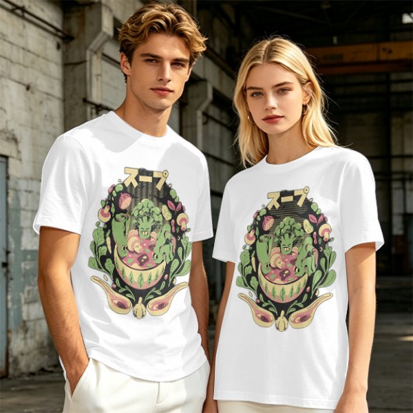 Olive green t-shirt with playful vegetable soup graphic print