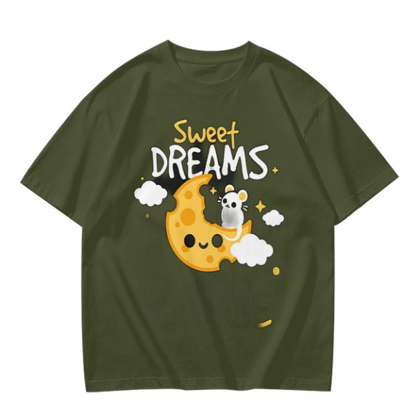 Olive t-shirt with sweet dreams cheese moon and mouse graphic