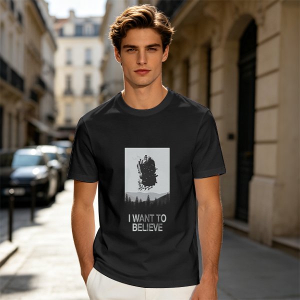 Olive t-shirt with 'I Want To Believe' UFO landscape print