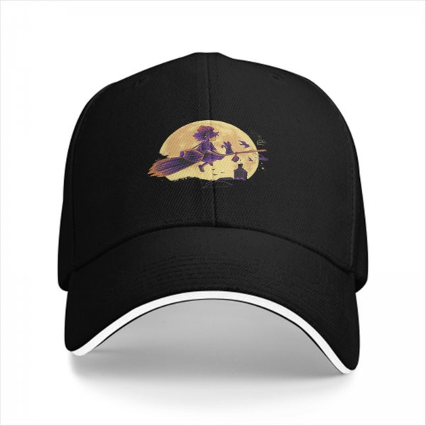 Black baseball cap with witch flying on broom against full moon
