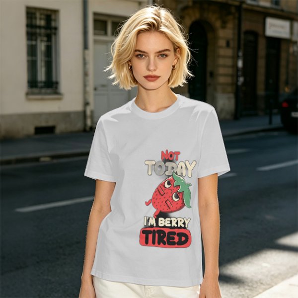 Olive T-Shirt with 'Not Today I'm Berry Tired' Strawberry Print