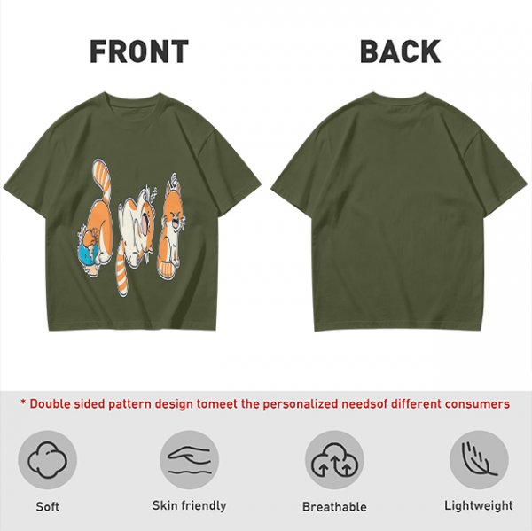 Olive T-Shirt With Playful Orange Cat Illustrations