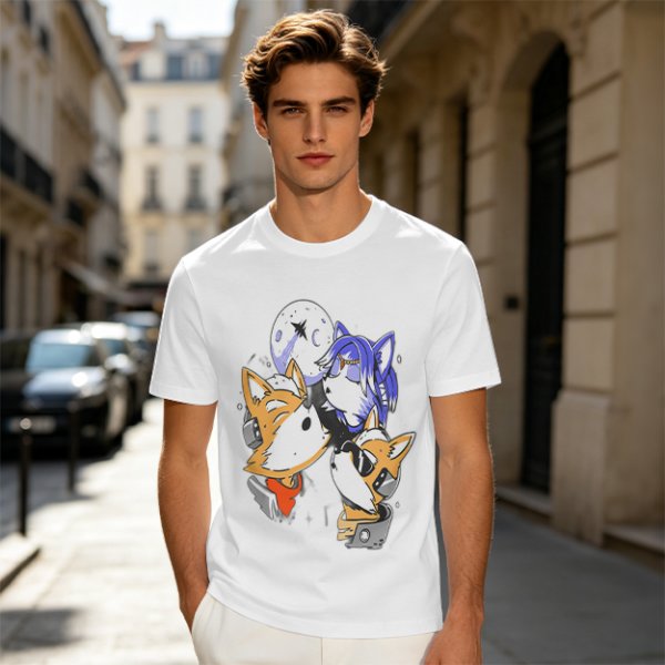 Olive T-shirt with Space Fox Crew Graphic Design