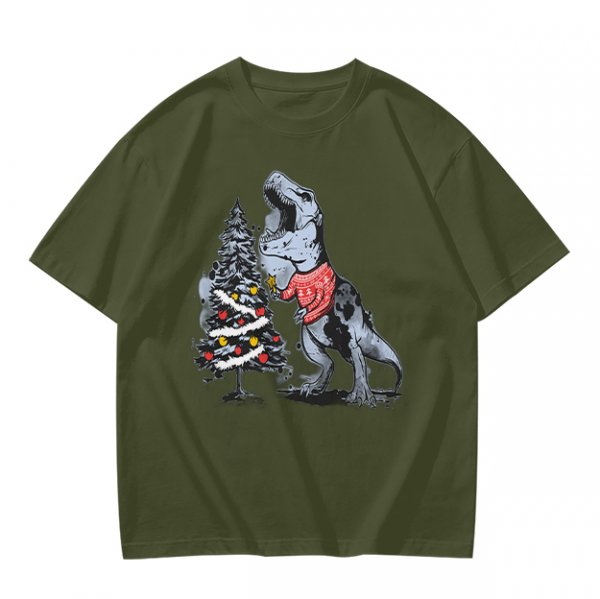 Olive T-shirt with T-Rex in Christmas sweater decorating a tree