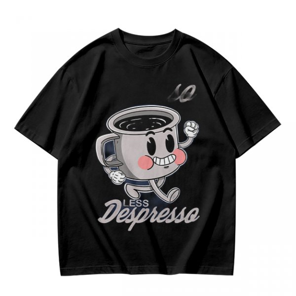 Olive green t-shirt with running espresso cup graphic and 'Less Despresso' text