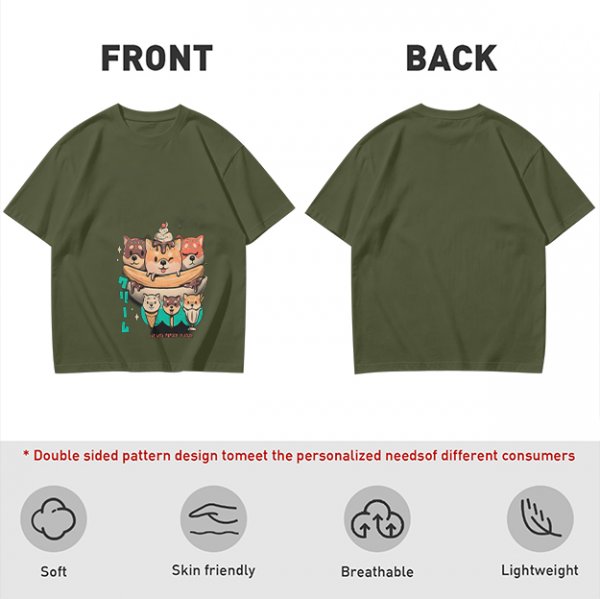 Olive green t-shirt with cute shiba inu ice cream graphic