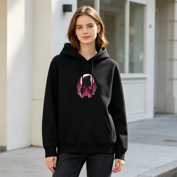 Black Hoodie With Pink Silhouette Warrior Art Print