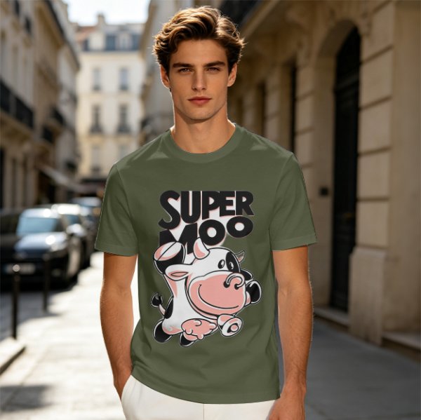 Olive green t-shirt with 'SUPER MOO' and cartoon cow graphic