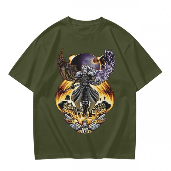 Olive T-shirt with dark fantasy winged warrior graphic print