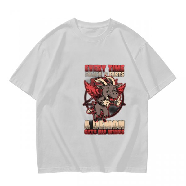 Olive t-shirt with funny demon goat fart joke graphic
