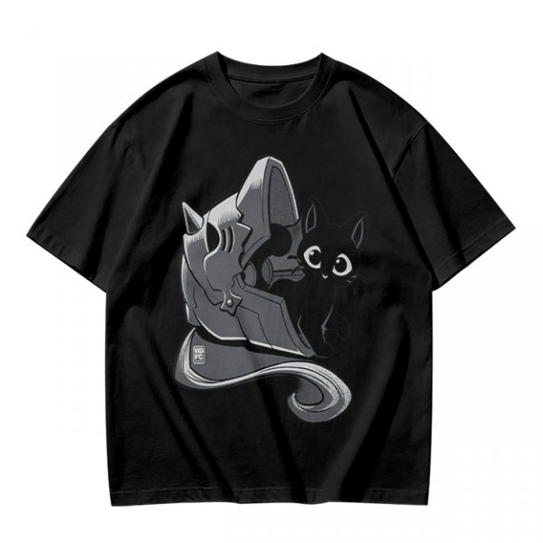 Olive Green T-Shirt With Black Cat Peeking From Knight Helmet Art