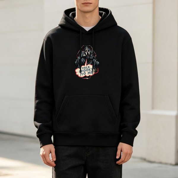 Black hoodie with Ghostface 'Talk Spooky To Me' horror print