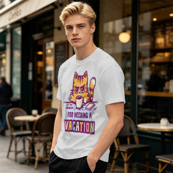 Olive t-shirt with a grumpy cat needing a vacation print
