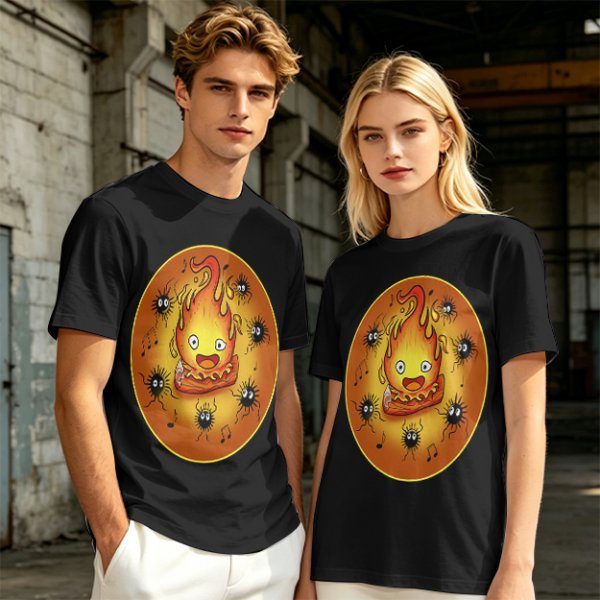 Olive T-Shirt Featuring Calcifer and Soot Sprites Artwork