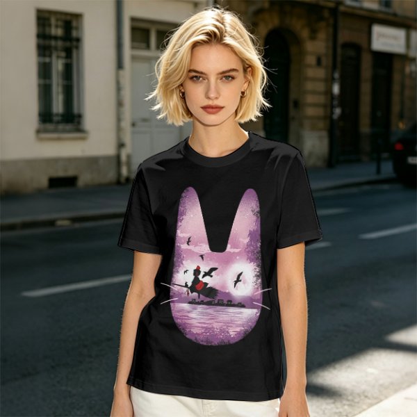 Olive T-Shirt With Witch Riding Broom Silhouette In Bunny Outline
