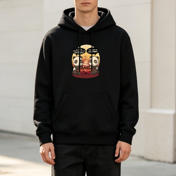 Black hoodie with two pandas eating and talking graphic print