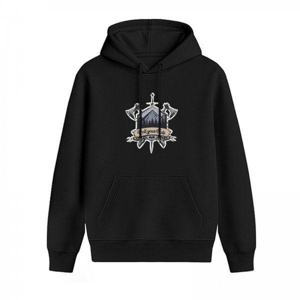 Black hoodie with medieval axe sword mountain crest and Roll your Fate text