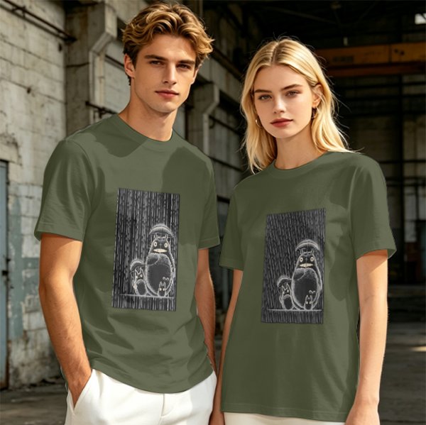 Olive green graphic tee with Totoro family illustration