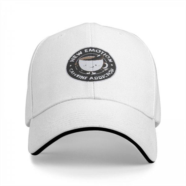 Black baseball cap with 'New Emotion Caffeine Addiction' coffee cup graphic