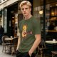 Olive T-shirt with Cute Orange Cat Playing Guitar Graphic